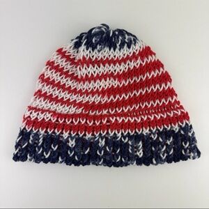 USA Handmade Womens Hand Knit Beanie Hat Cap 4th Of July Patriotic American Flag